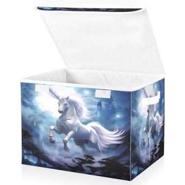Imagem de Blueangle Cestos de armazenamento de cavalo branco com tampas, 42 x 32 x 30 cm, grande cesta organizadora dobrável para decoração de escritório e armário (57)