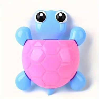 Imagem de Suporte de escova de dentes bonito com design de tartaruga, organizador de banheiro de plástico com ventosa - rack de armazenamento de desenhos animados para escova de dentes e pasta de dente