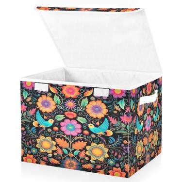 Imagem de Blueangle Caixotes de armazenamento de pássaros coloridos com tampas, 42 x 32 x 30 cm, grande cesta organizadora dobrável para decoração de casa e escritório (397)