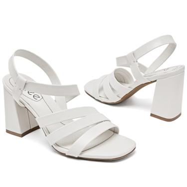 Imagem de Ruiee Sandálias femininas de salto grosso – bico aberto quadrado com tiras no tornozelo elegantes sapatos de festa de casamento para mulheres., Branco 084, 38