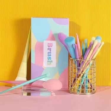 Imagem de Conjunto de pincéis de maquiagem 17 peças de pincéis de sombra sintética premium Kabuki arco-íris colorido para mistura de base, 17 peças