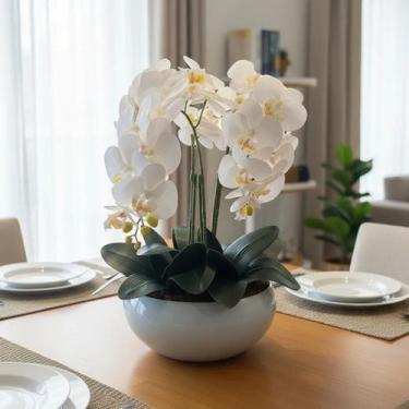 Imagem de Arranjo Grande Centro de Mesa 3 Orquídeas Branca 3d Vaso Branco - Deco