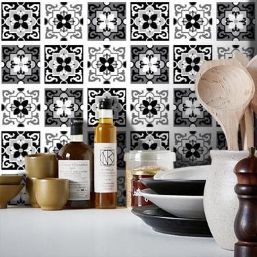 Imagem de Adesivo Destacável Azulejo para Cozinha Berga Preto e Branco - TaColad