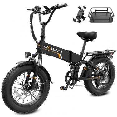 Imagem de Bicicleta elétrica dobrável Jasion X-Hunter Pro preta com cesto traseiro pneus 20x4 mot...