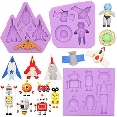 Imagem de FUNSHOWCASE Space Fondant Silicone Molds Robot Spaceship Astronaut Spacecraft for Sugarcraft Cake Decoration, Cupcake Topper, Resina Epóxi, Argila de Polímero 3 unidades