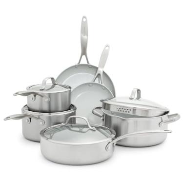 Imagem de GreenPan Conjunto de panelas e frigideiras Venice Pro Tri-Ply, de cerâmica saudável, antiaderente, 10 peças, sem PFAS, multirevestido, indução, lavável na lava-louças, seguro para forno, prata
