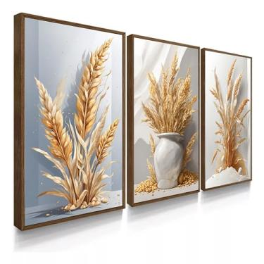 Imagem de Kit 3 Quadro Decorativo Trigo Branco Dourado Prosperidade Fartura