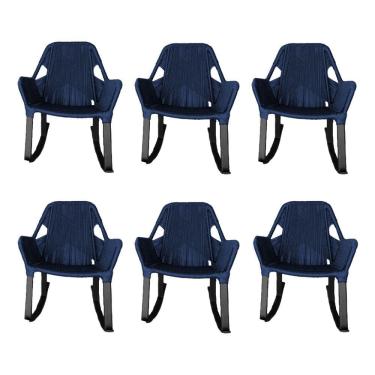 Imagem de Kit 6 Cadeiras de Balanço Athenas Corda Náutica Base em Alumínio Preto/azul Marinho