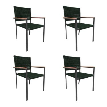 Imagem de Kit 4 Cadeiras Piracicaba Corda Náutica Braço com Detalhe em Madeira Base Alumínio Preto/verde Musgo