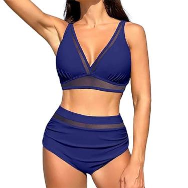 Imagem de Conjunto de roupa de banho feminino cropped com triângulo, conjunto de 2 peças com nó de amarrar e shorts femininos 2024 na moda, S-510 azul-marinho, G