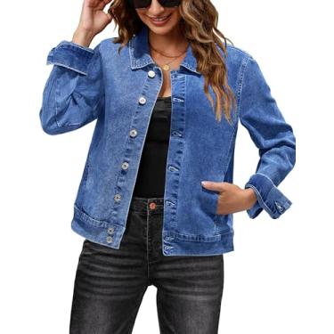 Imagem de luvamia Jaqueta jeans feminina, moderna, elegante, casual, manga comprida, elástica, jaqueta de ganga, jaqueta ocidental com bolsos, Azul clássico, GG