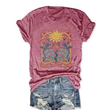 Imagem de Camiseta feminina vintage flores silvestres engraçadas sol mística, camisetas boêmias, manga curta, A - rosa, XXG