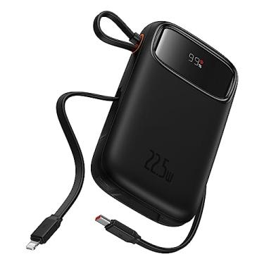 Imagem de Carregador portátil Baseus Power Bank, carregador de telefone portátil de carregamento rápido com cabo de saída USB-C e iOS integrado, bateria portátil com display LED (Preto, Milliamp Hours, 20000)