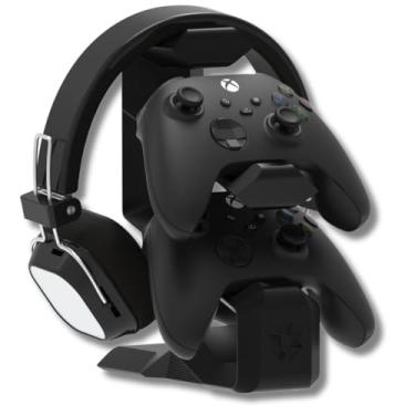 Imagem de Suporte de Mesa Preto Compatível com 2 Controles e Headset – Organização para Xbox One, Series X|S, PS4, PS5 DualSense com Estabilidade e Estilo