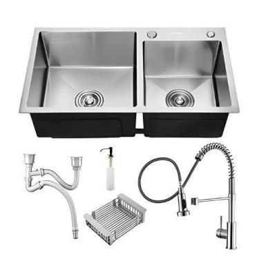 Imagem de Kit Cuba Pia Dupla Cozinha Gourmet E Torneira Extensível - Brinovar