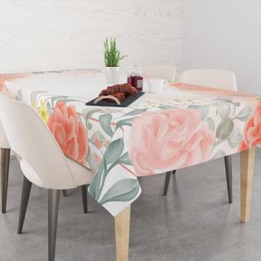 Imagem de Toalha De Mesa Retangular 6 Lugares Tecido Oxford Rosas Amarelas e Ros