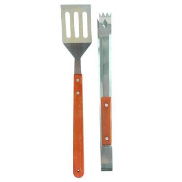 Imagem de Kit Para Churrasco com Pegador e Espátula Lâmina Inox e Cabo de Madeir