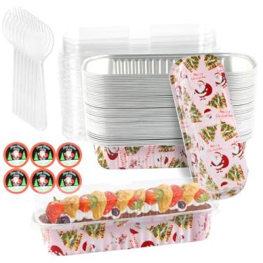 Imagem de ylnurac Pacote com 100 mini formas de pão de Natal com tampas, mini formas de bolo com tampas e colheres, formas de folha de alumínio de 193 g, recipientes individuais de copos de sobremesa para