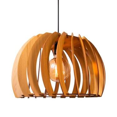 Imagem de Luminária Pendente Grande Redondo Aletado Madeira Rustico - MADEINSP, 