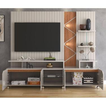 Imagem de Estante Home Cross para TV até 55 Polegadas 4 Portas Prateleiras Luz Led e Rodízio Off White/Jequitibá - Lukaliam