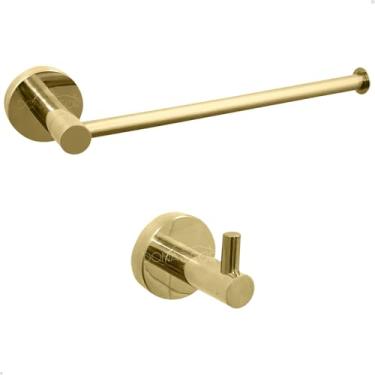 Imagem de Dona D cor, Kit Toalheiro Dourado Brilhoso Porta Toalha De Rosto Mãos Reto E Cabide Gancho Simples Aço Inox 304 Suporte Parede Banheiro Acessório Lavabo Luxo