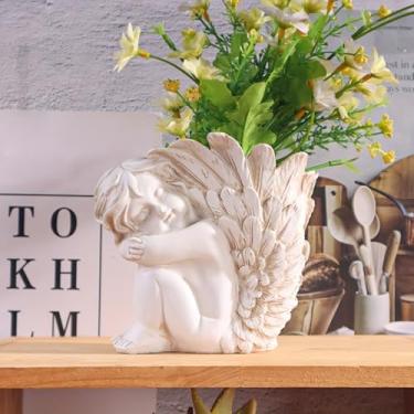 Imagem de Vaso vintage de estatueta de anjo cupido - Escultura de resina com design de querubim adormecido para decoração de casa e jardim, perfeito para suculentas e plantas pequenas, estátuas para decoração