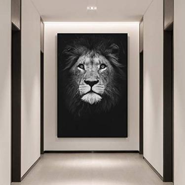 Imagem de Impressão em tela de animais. Retrato de leão preto e branco da vida selvagem africana. Pôster e impressão artística. Decoração de casa e escritório - 70 x 100 cm sem moldura
