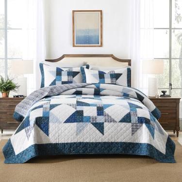 Imagem de camandy Conjunto de cama de edredom de algodão, 3 peças, colcha macia reversível, estrela de luxo, colcha de retalhos, azul e branco, tamanho queen