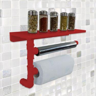 Imagem de Suporte De Parede Porta Papel Toalhas E Prateleira Para Temperos Cozinha Estilo Industrial Vermelho