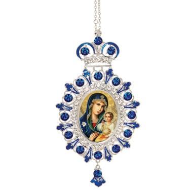 Imagem de Needzo Pingente de ícone de carro de parede Madonna e quarto de criança ícone religioso católico ortodoxo cristão 18 cm, moldura azul, Metal