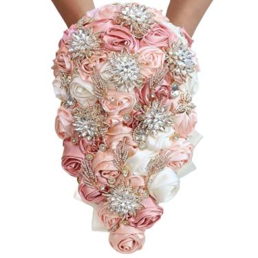 Imagem de Mhojpik Buquê de casamento luxuoso cascata de cetim rosa cachoeira segurando buquê de flores artificiais para noiva dama de honra (marfim, blush e rosa pêssego, 44 cm x 22 cm)