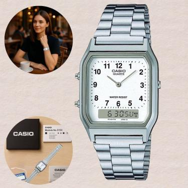 Imagem de Relógio Casio Anadigi Vintage Prata AQ-230A Hora Dual Digital Analógico Alarme Cronômetro Resistência à Água Pulseira Inox