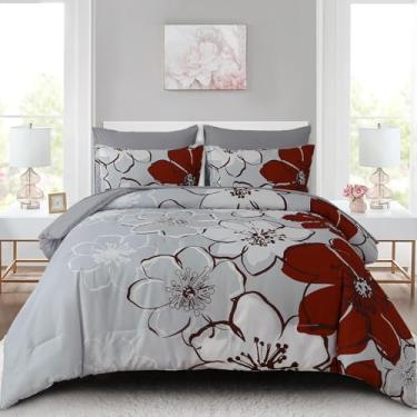 Imagem de Anibedding Conjunto de edredom Queen com estampa floral vermelha, 7 peças, microfibra macia, vermelho, cinza, para todas as estações