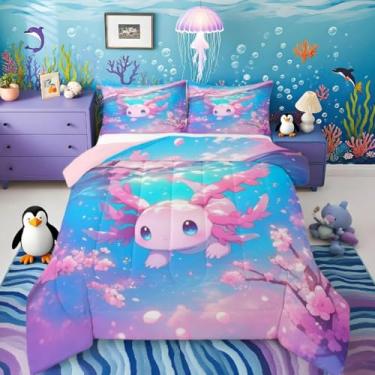 Imagem de Axolotl Conjunto de edredom infantil kawaii, oceano, marinha, salamandra, para decoração de quarto feminino, masculino, respirável, macio, leve, de microfibra, réptil, animal, com 2 fronhas