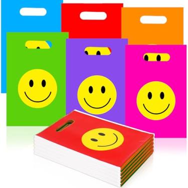 Imagem de Whaline 200 peças de saco de lembrancinha de festa de rosto de sorriso arco-íris sacos de plástico colorido com alças sacos de guloseimas para aniversário chá de bebê lanche embalagem de biscoito