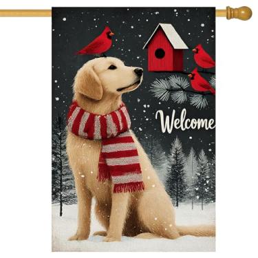 Imagem de BlissYard Merry Christmas Bandeira de jardim amarela labrador retriever bandeira de rena de cachorro 71 x 101 cm bandeiras grandes de quintal dupla face para amantes de cães varanda casa ao ar livre