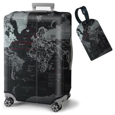 Imagem de FUYOCWE Capas de bagagem aprovadas pela TSA, capa protetora elástica lavável para bagagem de 48 a 81 cm, acessórios de viagem, Mapa do mundo cinza preto com linha vermelha, M (for 22"-25" Suitcase)