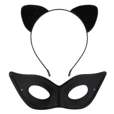 Imagem de WOVOWOVO Faixa de cabelo de orelhas de gato para mulheres, orelhas de gato peludo, preta, com máscara, orelhas de gato fofas, faixas de cabeça para adultos, cosplay, fantasia, festa, acessórios de