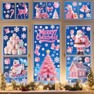 Imagem de YULOONG 118 peças, decorações de Natal rosa, adesivos de janela, Papai Noel, árvore de Natal, floco de neve, boneco de neve, veado, decalques laterais duplos, ornamento, janela, parede, porta