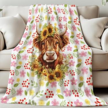 Imagem de GLOBLELAND Highland Gado Manta de flanela macia aconchegante com girassóis 159 × 129 cm, cobertor felpudo lavável para casa, escritório, quarto, cama, sofá, cadeira, presentes