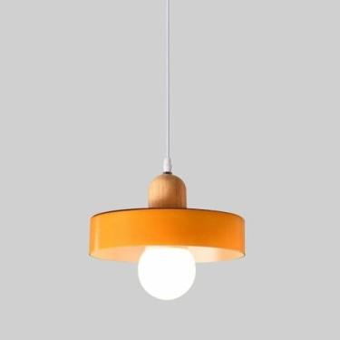 Imagem de Luminária pendente estilo japonês de meados do século lustre de madeira maciça com abajur de vidro para quarto (laranja)