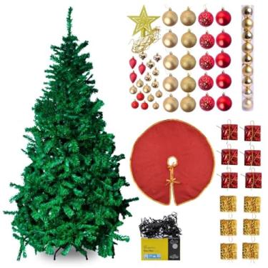 Imagem de Kit Árvore de Natal 1,80m 750 Galhos c/ 64 Peças Decorativas, Pisca-pisca 100 LED, Bolas, Enfeites e Saia Vermelha, Natalino, Festivo, P/Sala Hall (Kit de Enfeites de Natal C/Árvore 180cm 750 Galhos)