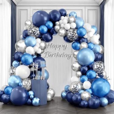 Imagem de Kit de arco de balões azul marinho e prata, kit de arco de balão azul e branco com guirlanda de balões conftti de prata azul escuro metálico para decoração de festa de aniversário de formatura chá de