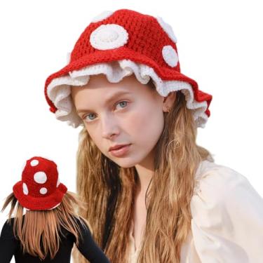 Imagem de Jecery Mushroom Hat Halloween Knitted Mushroom Bucket Hat White Red Polka Dots Funny Novelty Cap Halloween Cosplay Costume Accessory for Adult Women Men