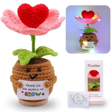 Imagem de Handmade Heart-Shaped Crochet Tulip with Lights - "Thank You for Helping Me Grow" Gift for Teacher, Mentor, Mom - Teacher Appreciation, Graduation, End of Year Gift with LED Light & Thank You Card