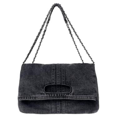 Imagem de Gleease Bolsas jeans femininas bolsa jeans azul bolsa tiracolo retrô com alça de corrente ajustável bolsa Hobo, Preto, Demin