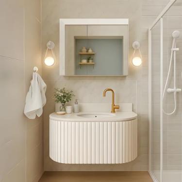 Imagem de Gabinete Banheiro Ripado Mdf com Curvo Cuba Ardósia Espelho (Branco)