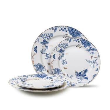 Imagem de Conjunto de 4 pratos de jantar de porcelana, pratos florais de 20 e 25 cm, prato de sobremesa de cerâmica azul e branco, conjunto de pratos de salada para pratos de cozinha para aperitivo, salada