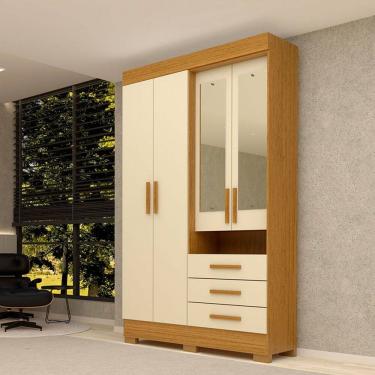 Imagem de Guarda-Roupa Solteiro Débora Capelinha 4 Portas 3 Gavetas com Espelho 100% Mdf Cinamomo/Off White - Acp Móveis