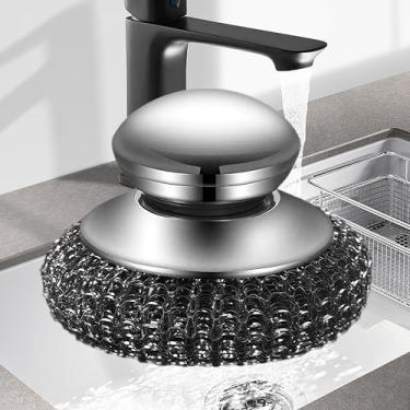 Imagem de Pacote com 2 escovas de ferro fundido com alça – Limpador de cota de malha de aço inoxidável para frigideira, forno holandês e panelas